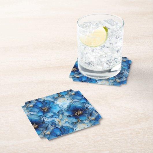Blue floral paper coasters kartonnen onderzetters (Insitu)