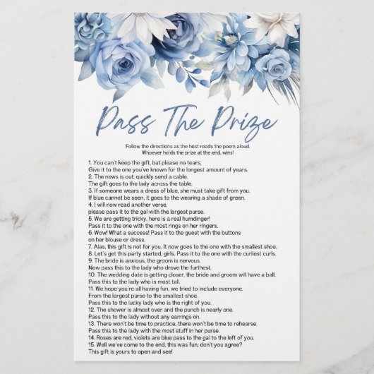 Blue Floral Pass Het Prijs Vrijgezellenfeest Spel Briefpapier (Voorkant)