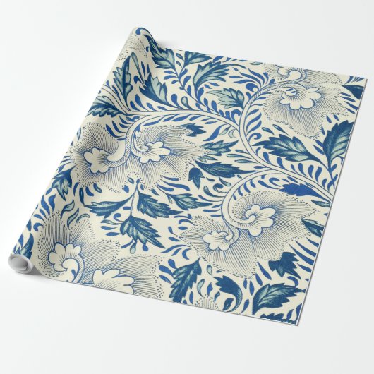 Blue Floral Pattern Antiek Asian Design Cadeaupapier (Uitgerold)