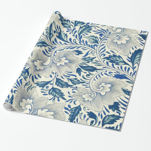 Blue Floral Pattern Antiek Asian Design Cadeaupapier (Uitgerold)