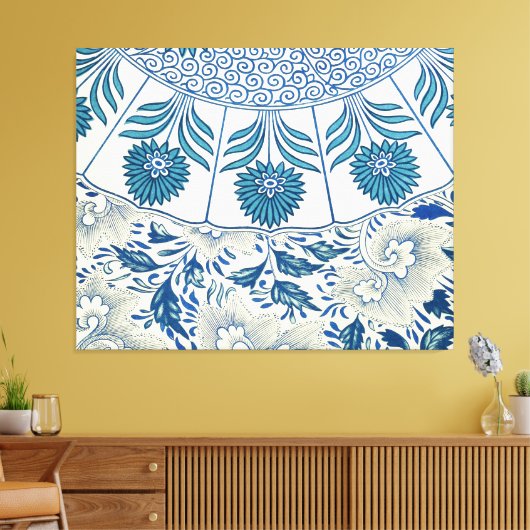 Blue Floral Pattern Antiek Asian Design Canvas Afdruk (Insitu (Woonkamer))