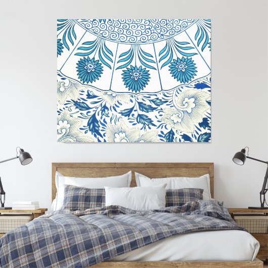 Blue Floral Pattern Antiek Asian Design Canvas Afdruk (Insitu (Slaapkamer))