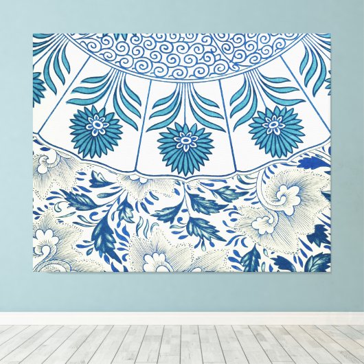 Blue Floral Pattern Antiek Asian Design Canvas Afdruk (Insitu (Houten vloer))