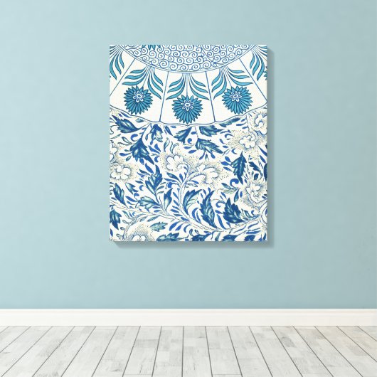 Blue Floral Pattern Antiek Asian Design Canvas Afdruk (Insitu (Houten vloer))