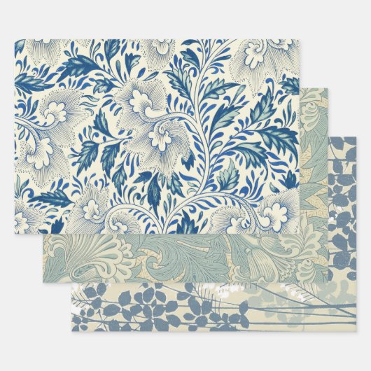 Blue Floral Pattern Antiek Asian Design Inpakpapier Vel (Set)