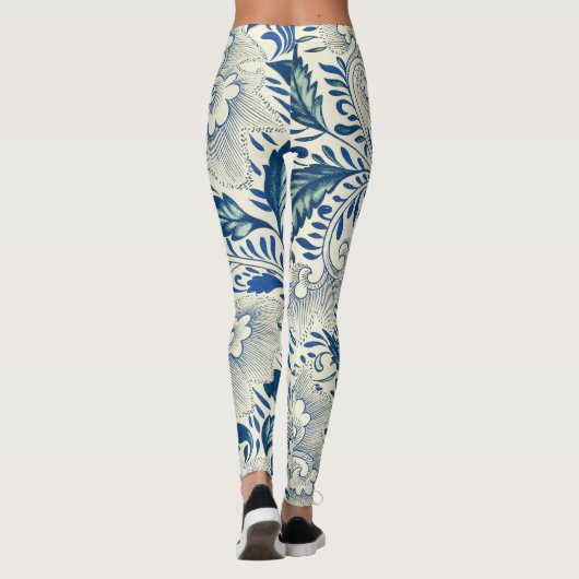 Blue Floral Pattern Antiek Asian Design Leggings (Achterkant)