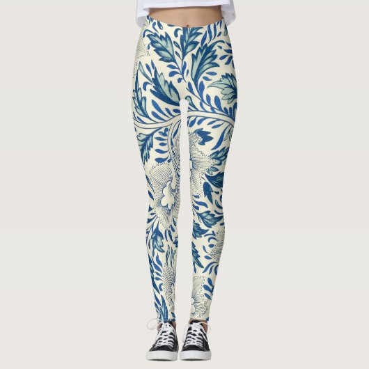 Blue Floral Pattern Antiek Asian Design Leggings (Voorkant)