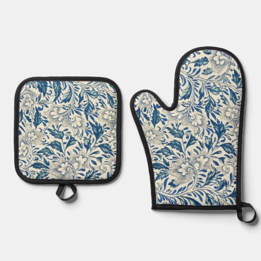 Blue Floral Pattern Antiek Asian Design Ovenwant & Pannenlap Set (Voorkant)