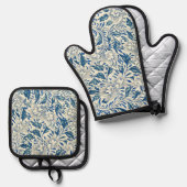 Blue Floral Pattern Antiek Asian Design Ovenwant & Pannenlap Set (Voorkant / Achterkant)