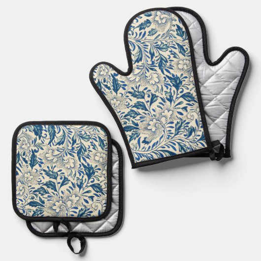 Blue Floral Pattern Antiek Asian Design Ovenwant & Pannenlap Set (Voorkant / Achterkant)