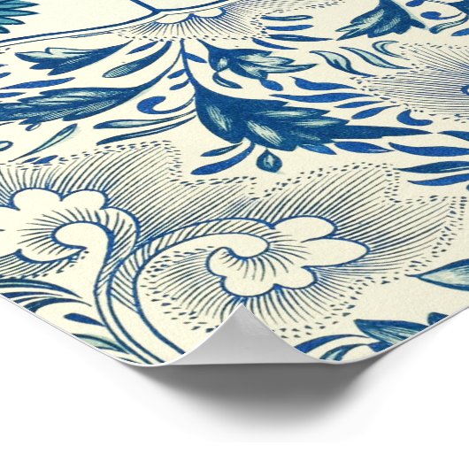 Blue Floral Pattern Antiek Asian Design Poster (Hoek)