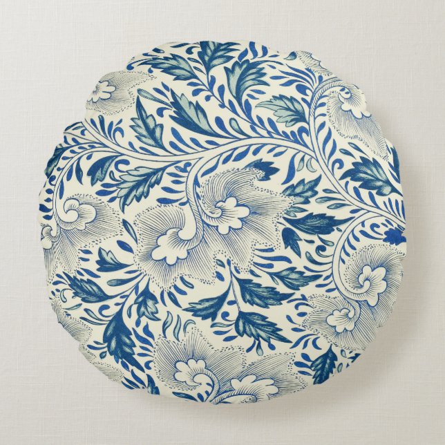 Blue Floral Pattern Antiek Asian Design Rond Kussen (Voorkant)