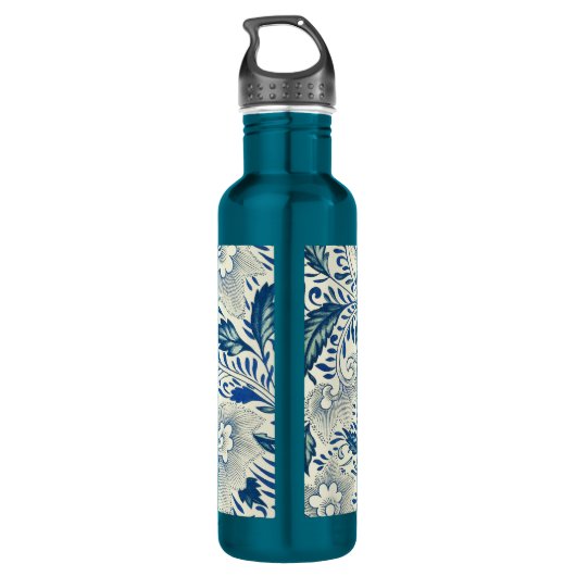 Blue Floral Pattern Antiek Asian Design Waterfles (Achterkant)
