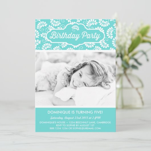BLUE FLORAL PATTERN BIRTHDAY INVITATIE KAART (Staand voorkant)