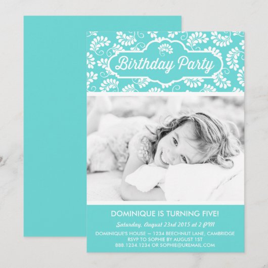 BLUE FLORAL PATTERN BIRTHDAY INVITATIE KAART (Voorkant / Achterkant)