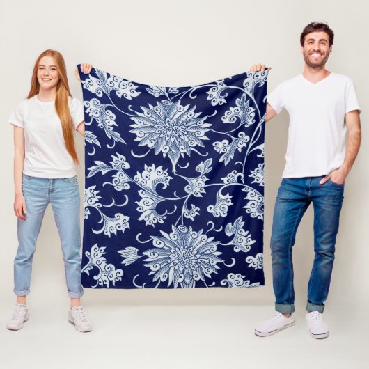 Blue Floral Pattern  Chinees Ornament Fleece Deken (In situ)