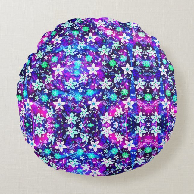 Blue Floral Pattern - Edelweiss Flower Geometric Rond Kussen (Voorkant)
