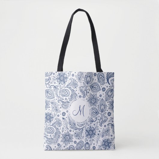 Blue Floral Pattern Monogram Canvas tas (Voorkant)