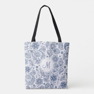 Blue Floral Pattern Monogram Canvas tas