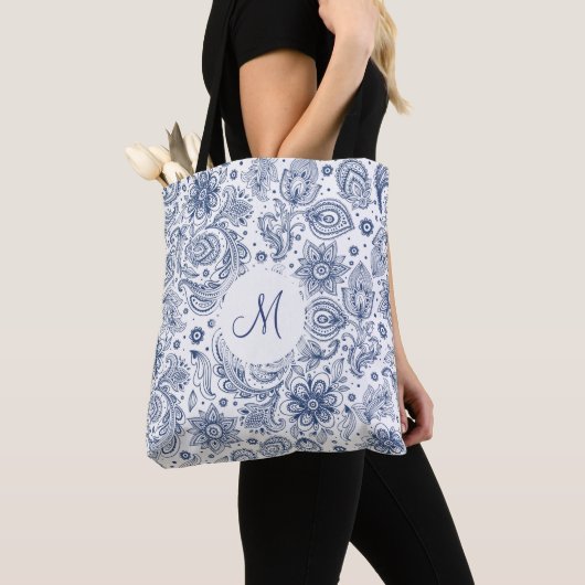 Blue Floral Pattern Monogram Canvas tas (Dichtbij)