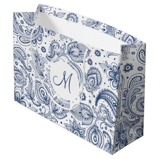 Blue Floral Pattern Monogram L Gift Bag Large Cadeautasje (Achterkant Gekanteld)