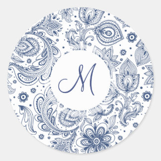 Blue Floral Pattern Monogram Round Sticker