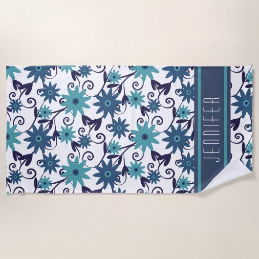 Blue Floral Pattern Personalized Strandlaken (Voorkant)