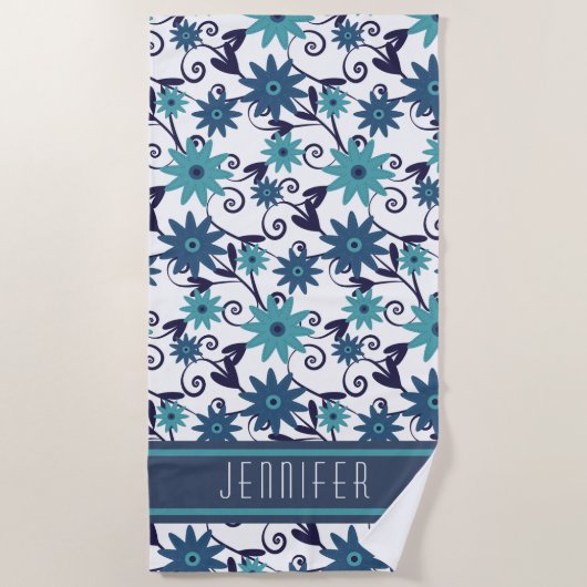 Blue Floral Pattern Personalized Strandlaken (Voorkant)