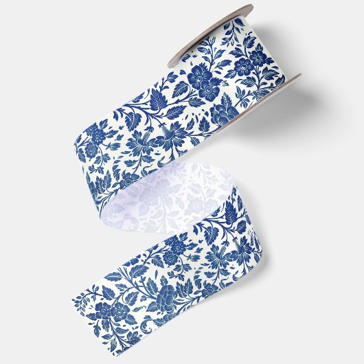 Blue Floral Pattern Satijnen Lint (Achterkant)