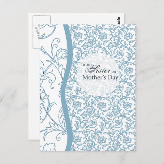 Blue Floral Pattern Sister op Moederdag Briefkaart (Voorkant / Achterkant)