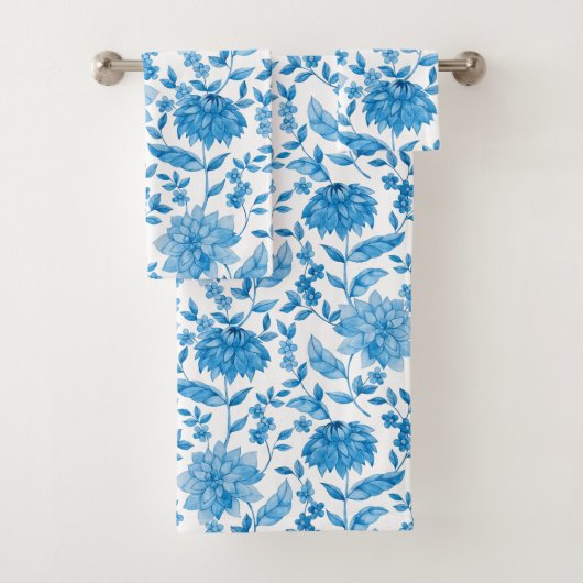 Blue floral pattern towels on display bad handdoek (Insitu)