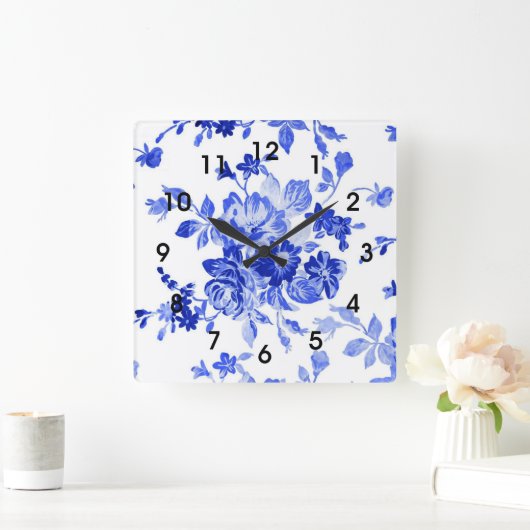 Blue Floral Pattern Vierkante Klok (Huis)