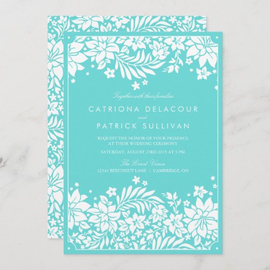 Blue Floral Pattern Wedding Invitation Kaart (Voorkant / Achterkant)