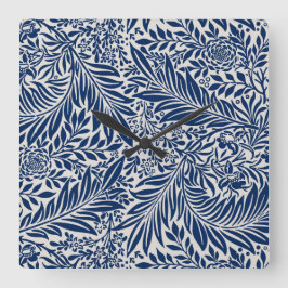 blue floral pattern with diverse leaves & blossoms vierkante klok