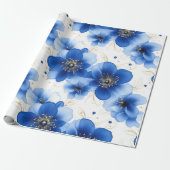 Blue Floral Pattern with Gold Accents Cadeaupapier (Uitgerold)