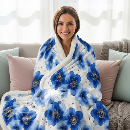 Blue Floral Pattern with Gold Accents Sherpa Deken