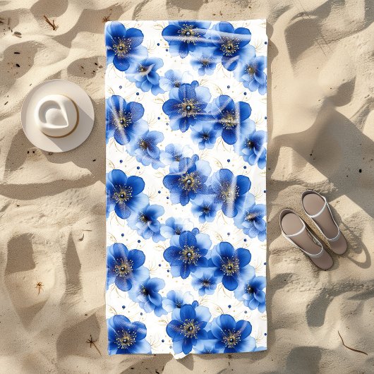 Blue Floral Pattern with Gold Accents Strandlaken