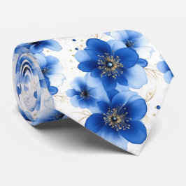 Blue Floral Pattern with Gold Accents Stropdas