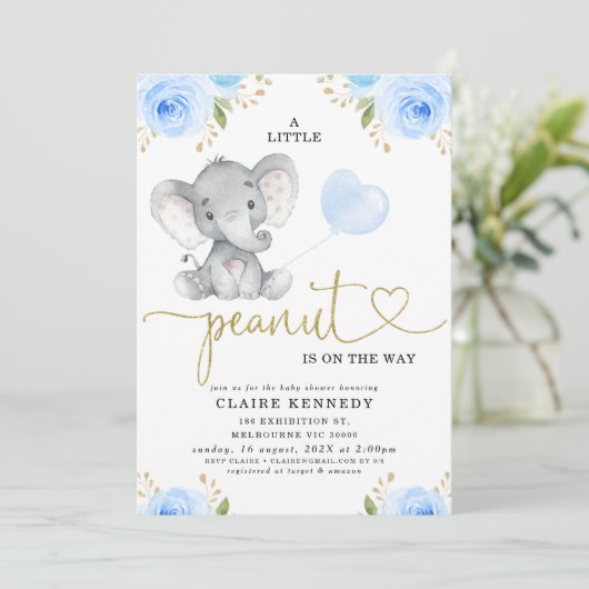 Blue Floral Peanut Elephant Baby shower Kaart (Staand voorkant)