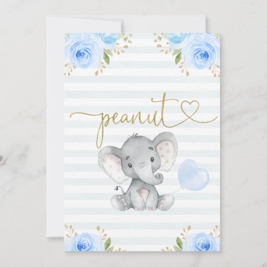 Blue Floral Peanut Elephant Baby shower Kaart (Achterkant)