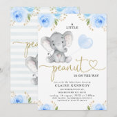 Blue Floral Peanut Elephant Baby shower Kaart (Voorkant / Achterkant)