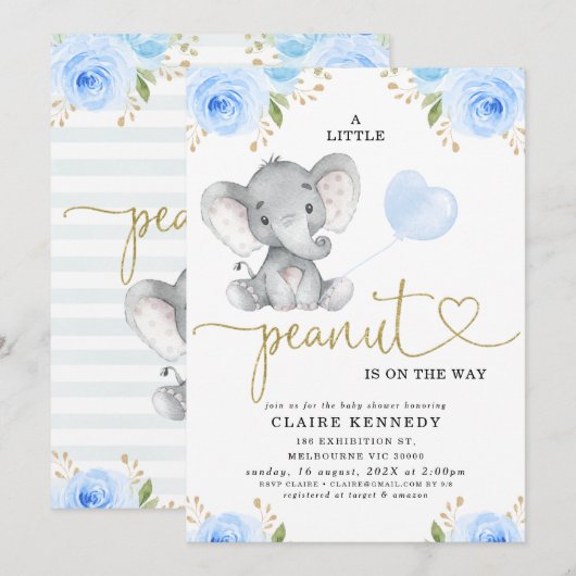 Blue Floral Peanut Elephant Baby shower Kaart (Voorkant / Achterkant)