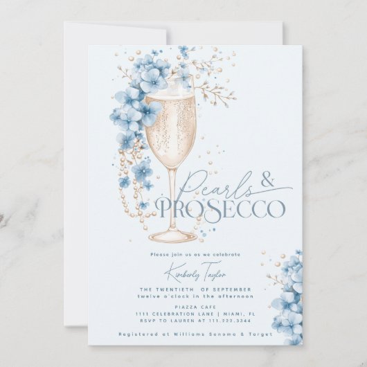 Blue Floral Pearls & Prosecco Vrijgezellenfeest Kaart (Voorkant)
