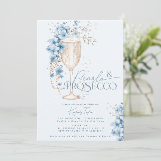 Blue Floral Pearls & Prosecco Vrijgezellenfeest Kaart (Staand voorkant)