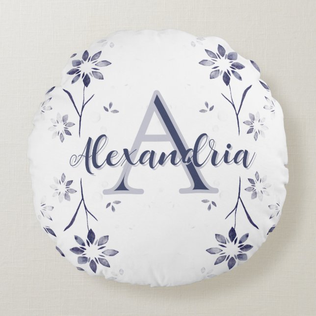 Blue Floral Personalized Monogram Name Rond Kussen (Voorkant)