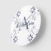 Blue Floral Personalized Monogram Name Ronde Klok (Hoek)