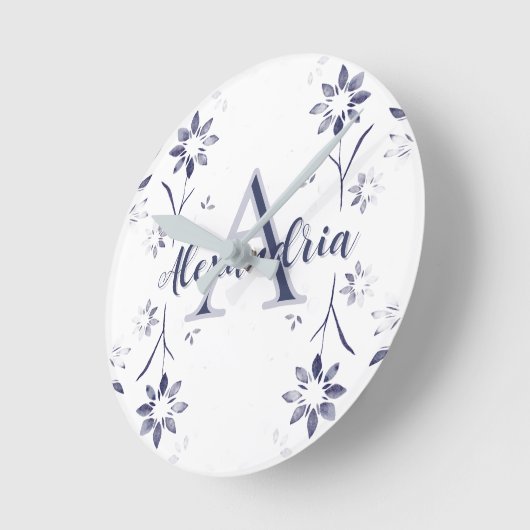 Blue Floral Personalized Monogram Name Ronde Klok (Hoek)