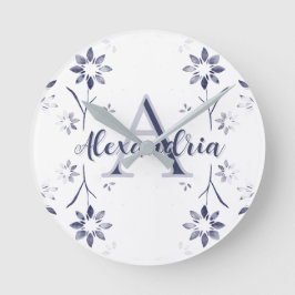 Blue Floral Personalized Monogram Name Ronde Klok