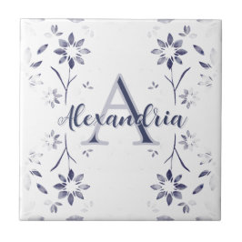 Blue Floral Personalized Monogram Name Tegeltje