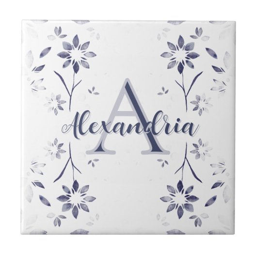 Blue Floral Personalized Monogram Name Tegeltje (Voorkant)
